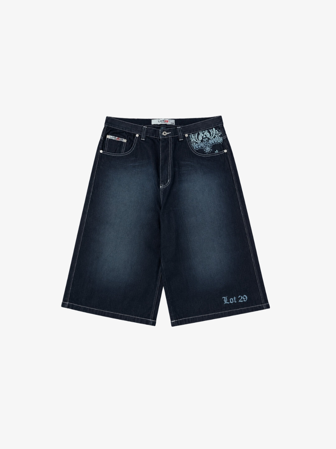 Jorts Skull de face, denim indigo ultra baggy avec coutures blanches