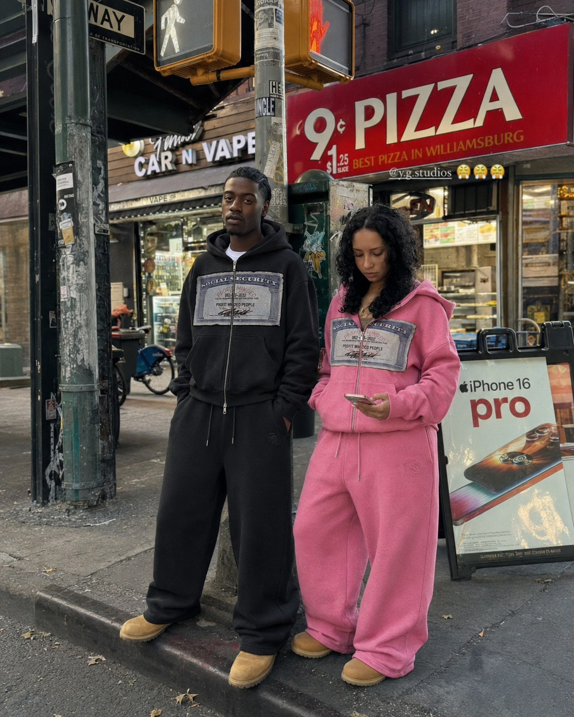 Black and pink Social Security hoodies worn Y2K streetwear