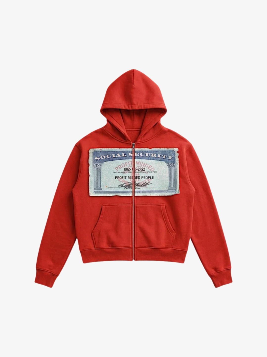 Red Social Security zip up hoodie Y2K front view