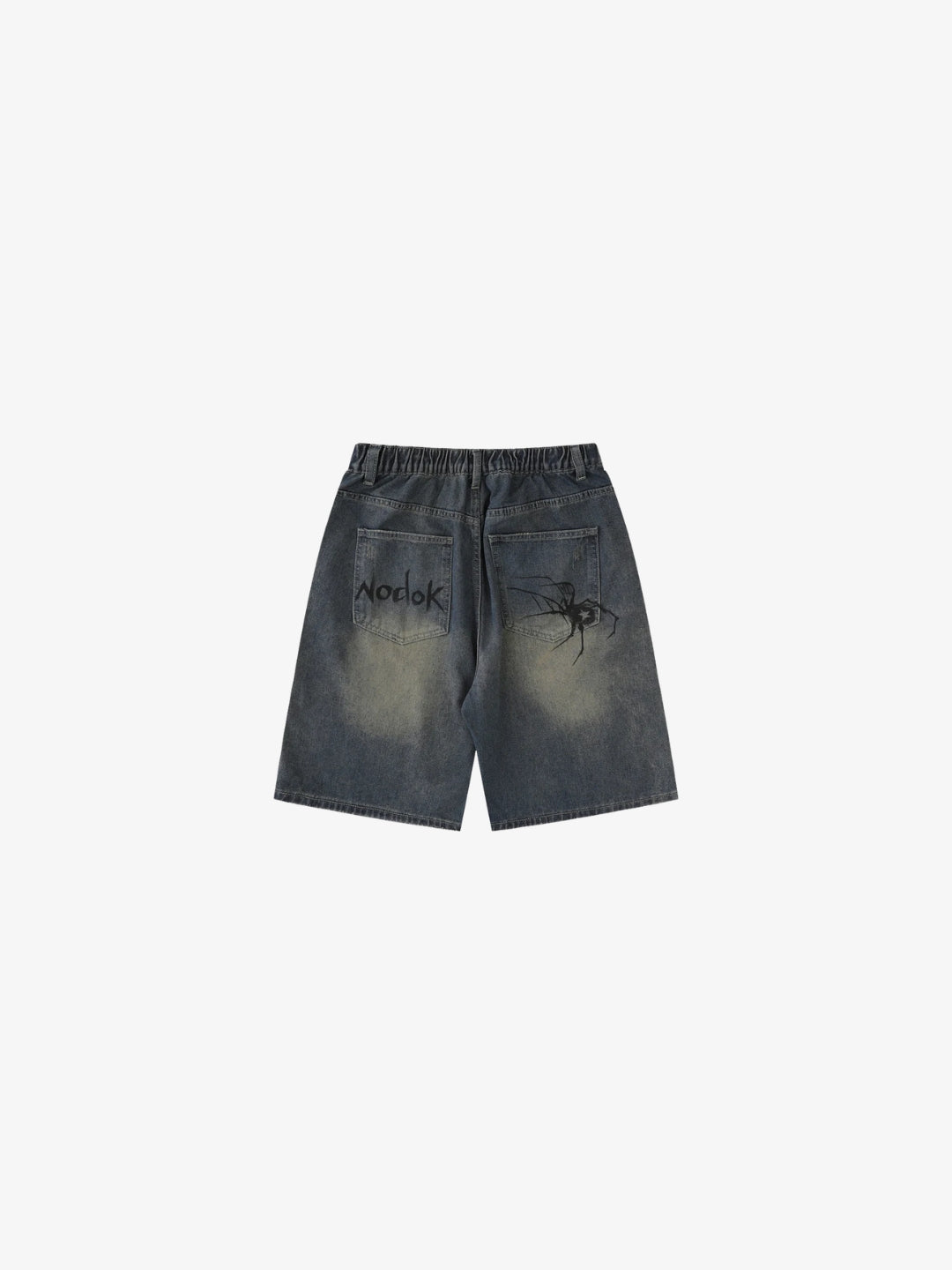 Spider Shorts in washed grey denim with spider graphic on the back
