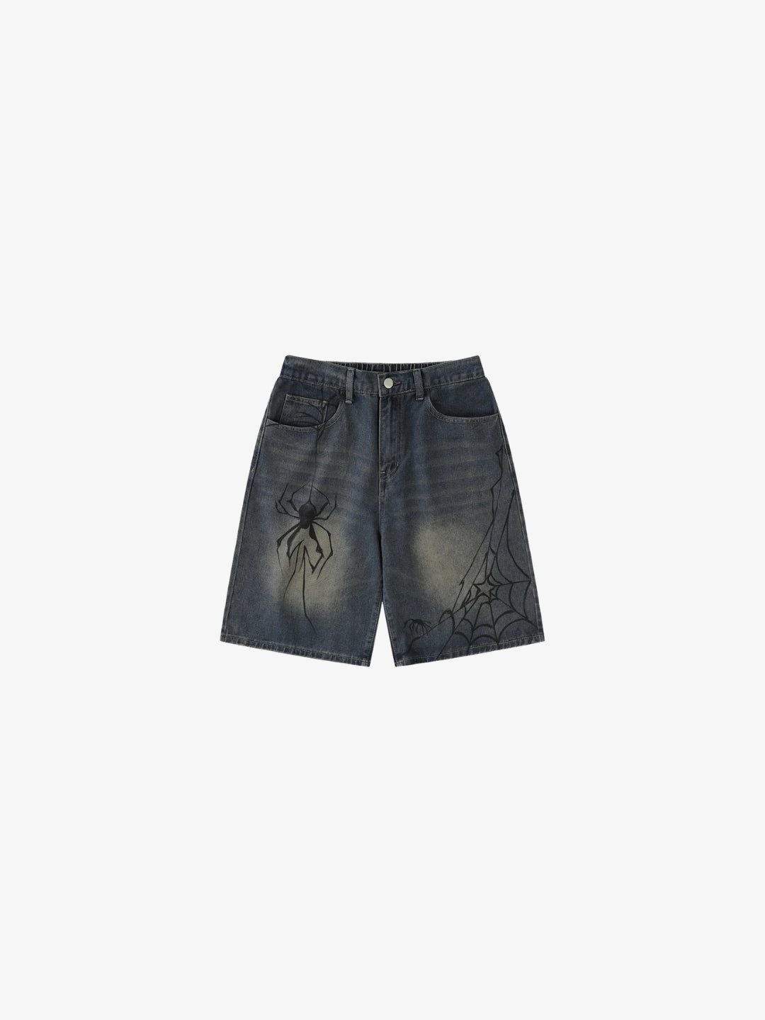 Spider Shorts in washed grey denim with spider and web graphics front view
