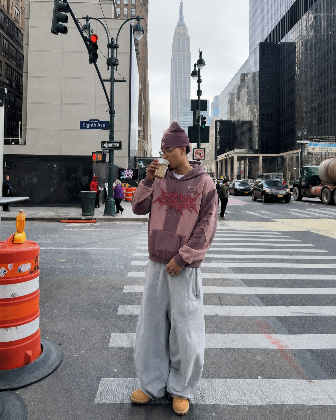 Mauve pink star hoodie worn Y2K streetwear