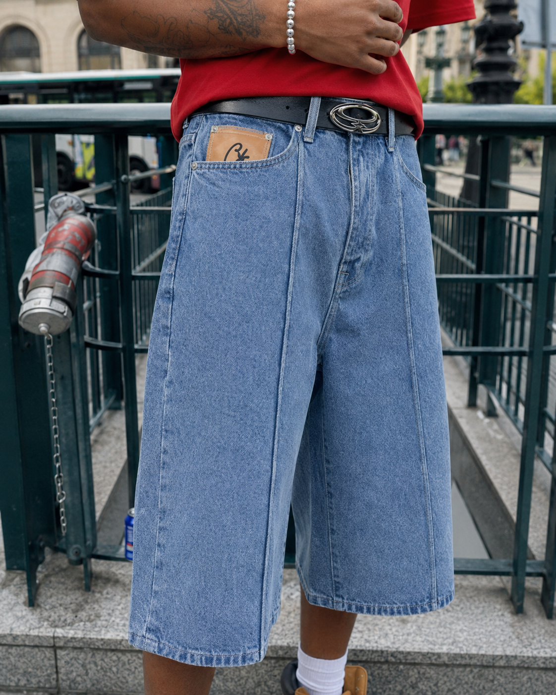 Front view of the Star Jorts with leather patch and belt