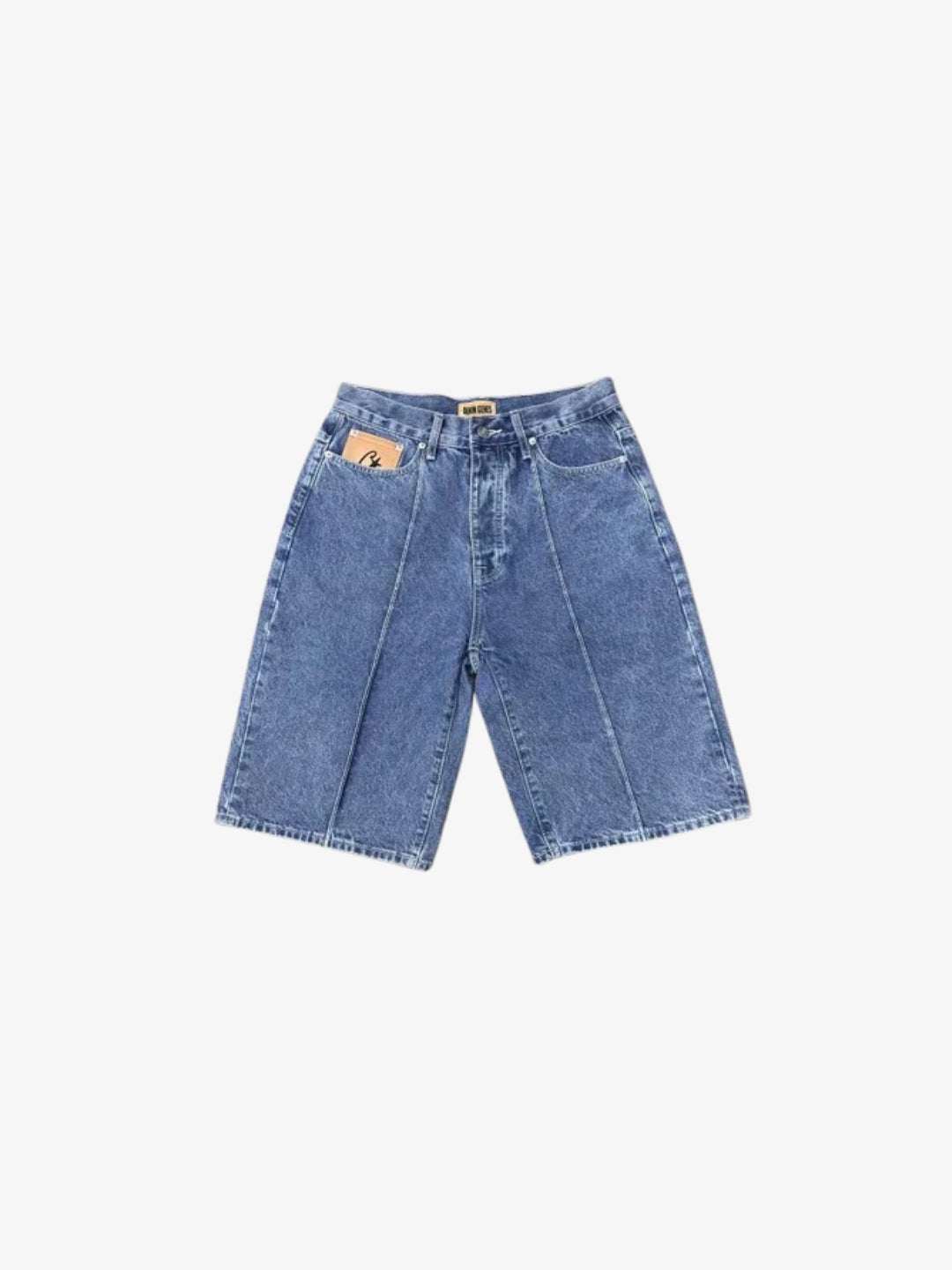 Star Jorts front view in blue stonewash denim