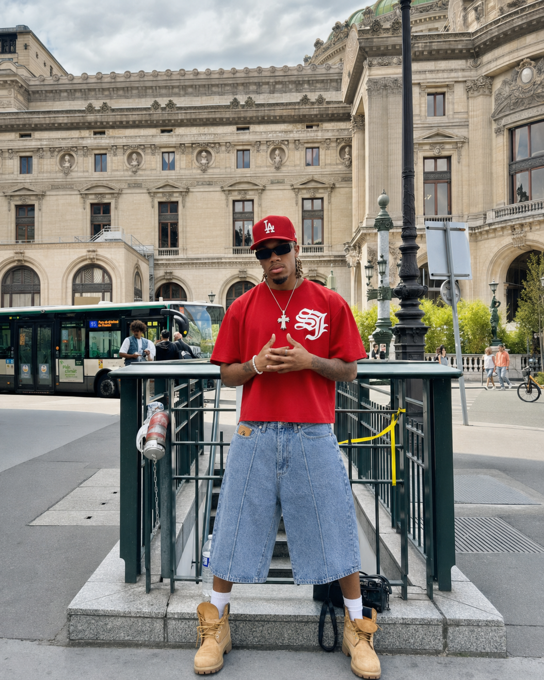 Star Jorts worn from the front with a red oversized T-shirt