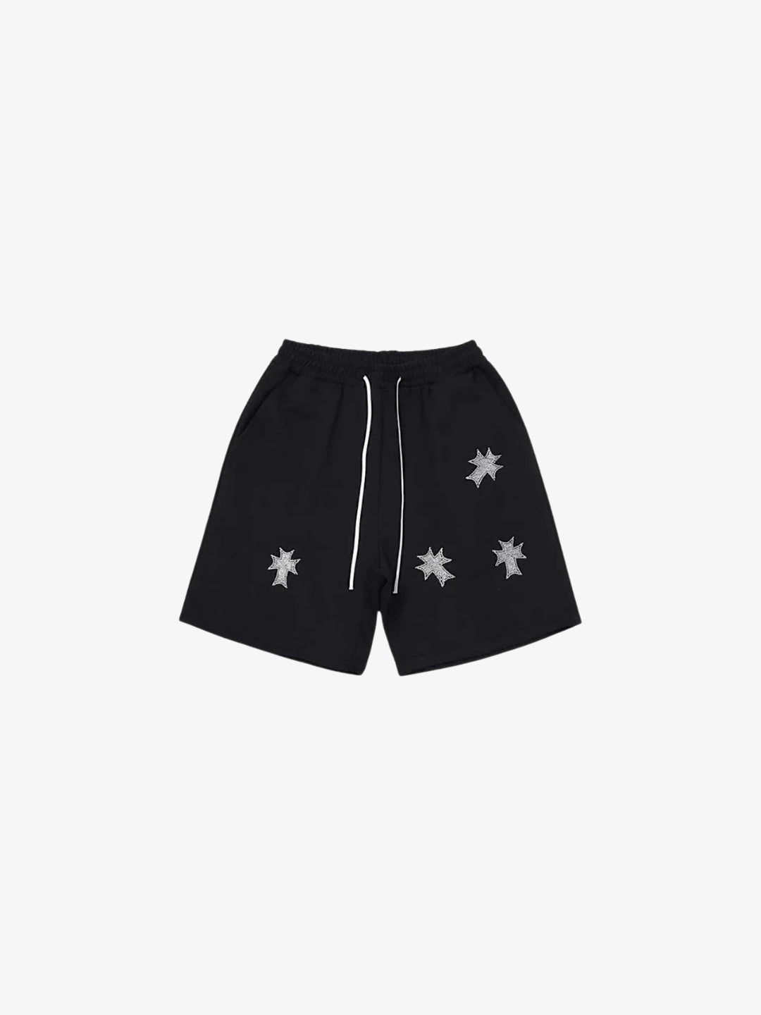 Short étoiles noir vue de face avec patches étoiles argentées