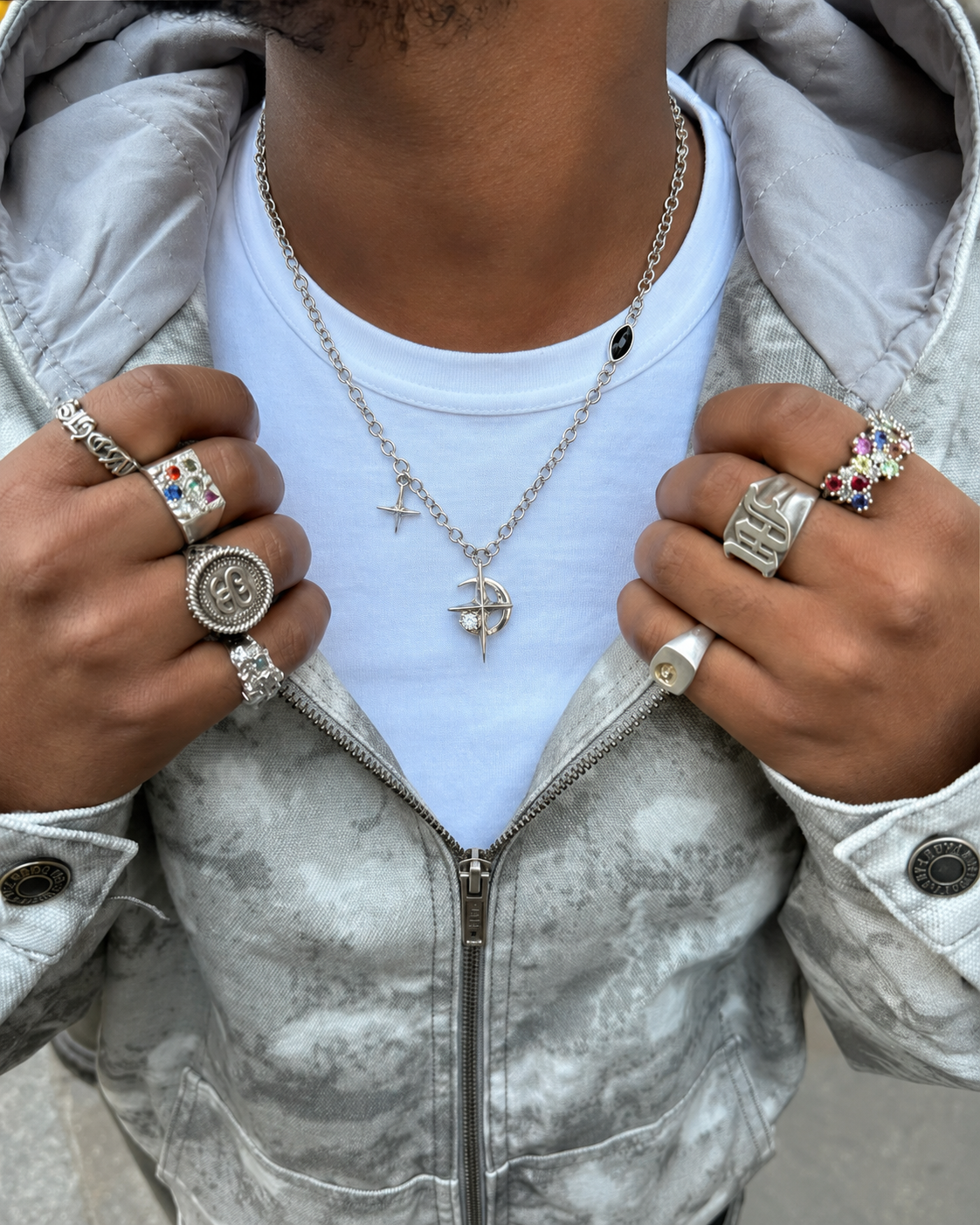 Silver Y2K star necklace worn streetwear