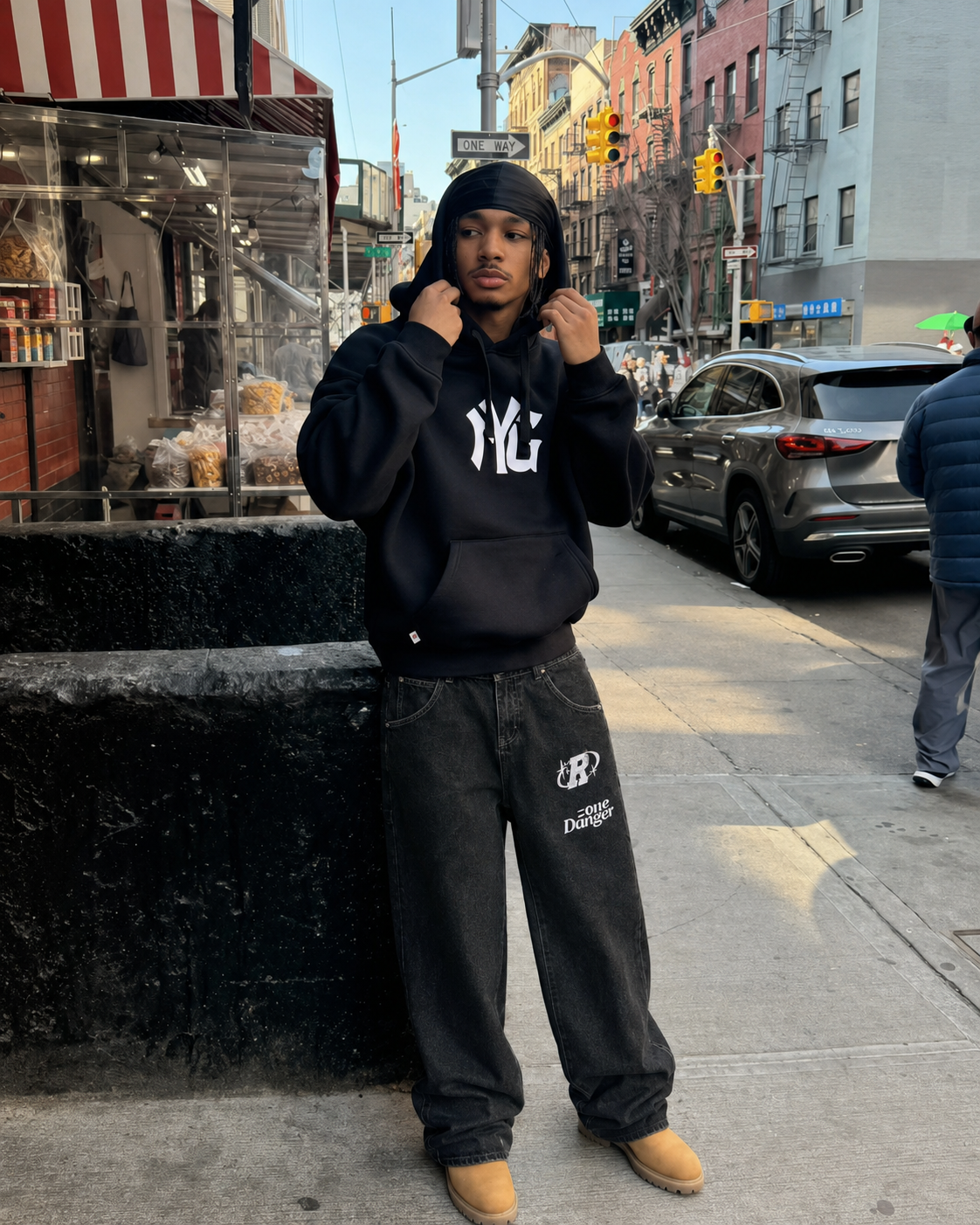 Jean Studied noir baggy Y2K porté vue avant