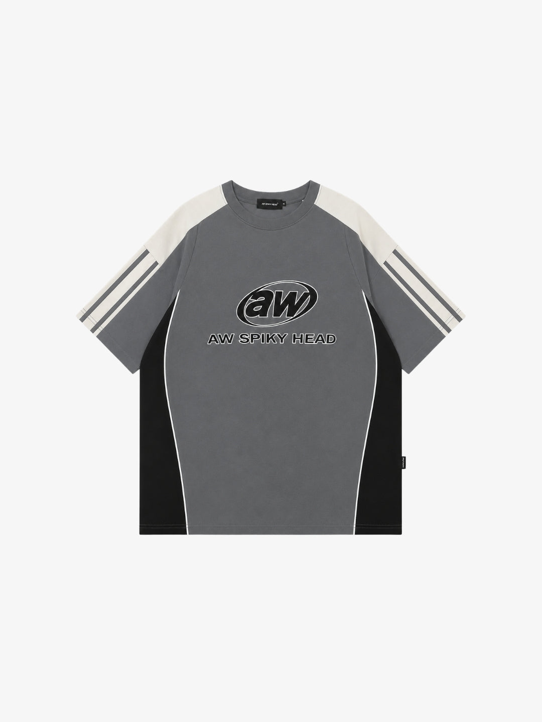 Camiseta AW gris Y2K a rayas vista frontal de catálogo