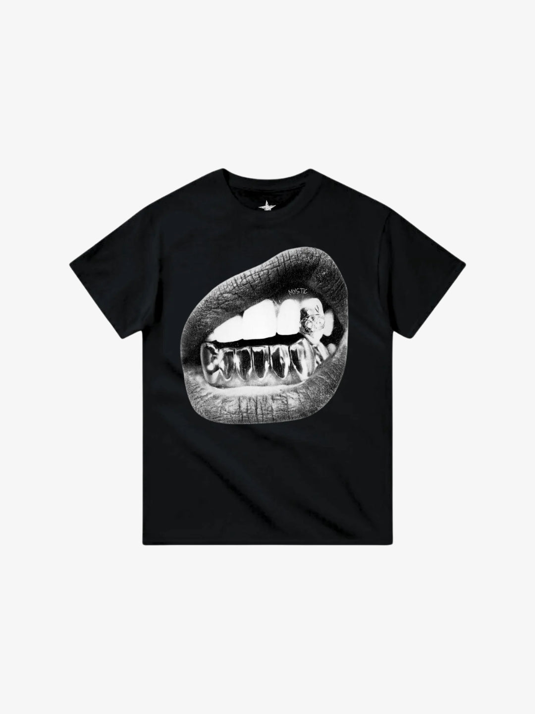 T-shirt graphic Mystic black with print bouche grillz product view on light background