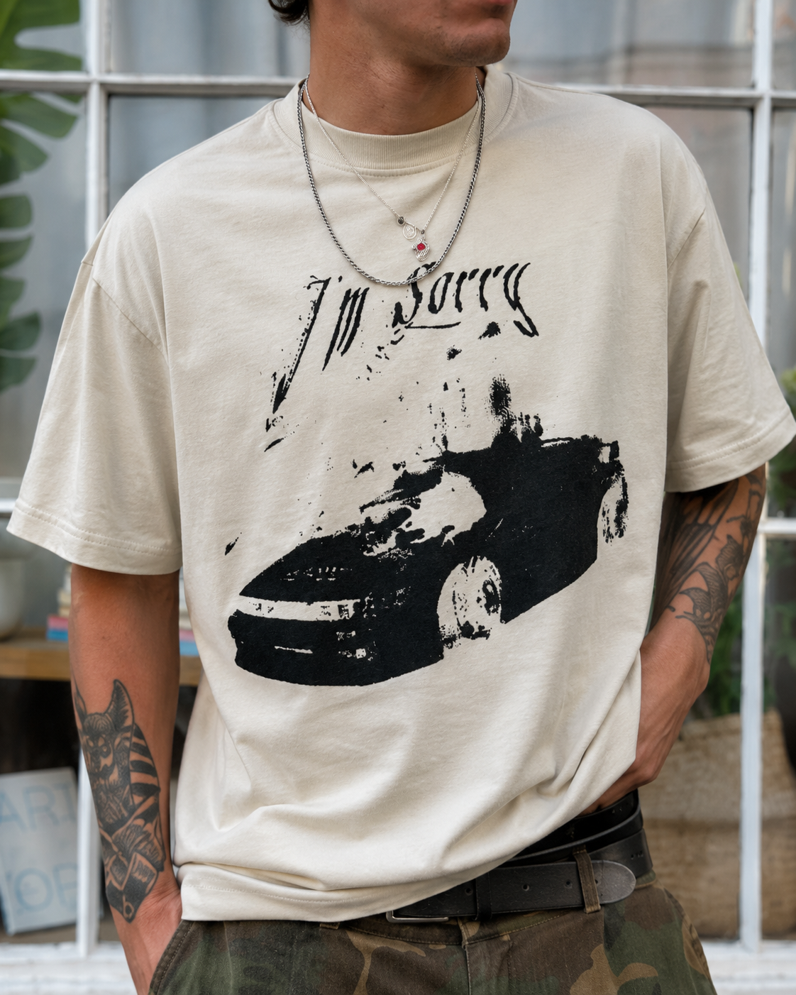 T-shirt Im Sorry Y2K écru détail print voiture racing