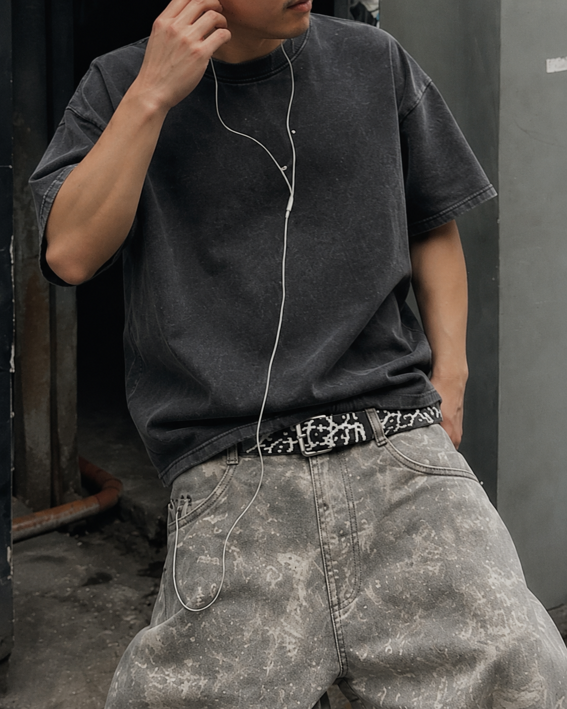 Detail texture acid wash T-shirt Y2K Axen Black