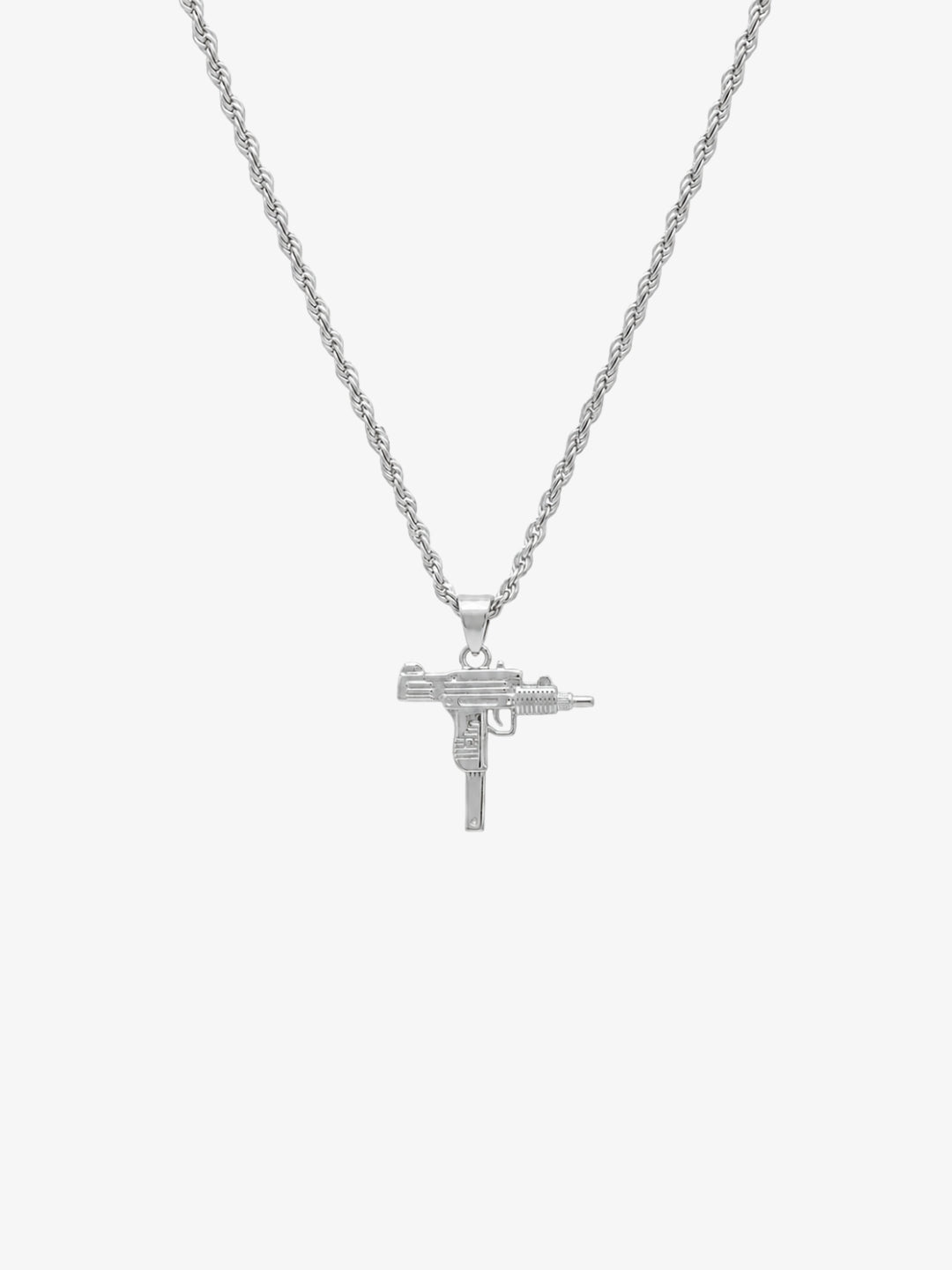 Silver UZI necklace Y2K front view on white background