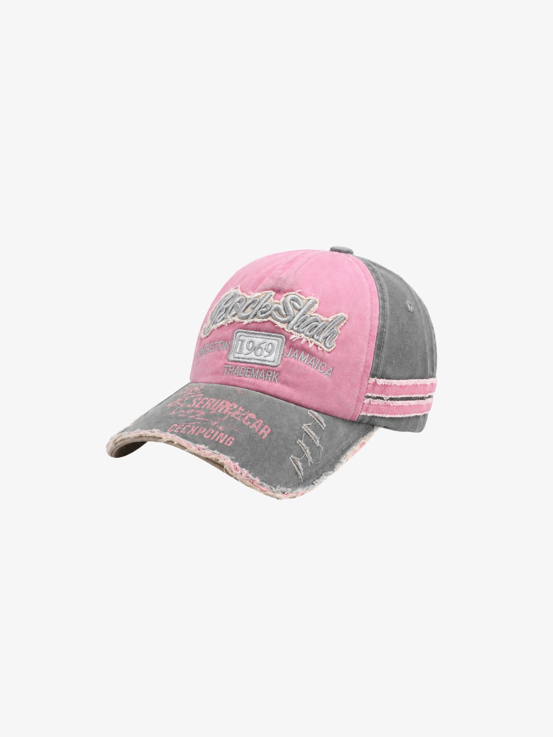 Casquette vintage rose et grise à broderie 1969 vue avant