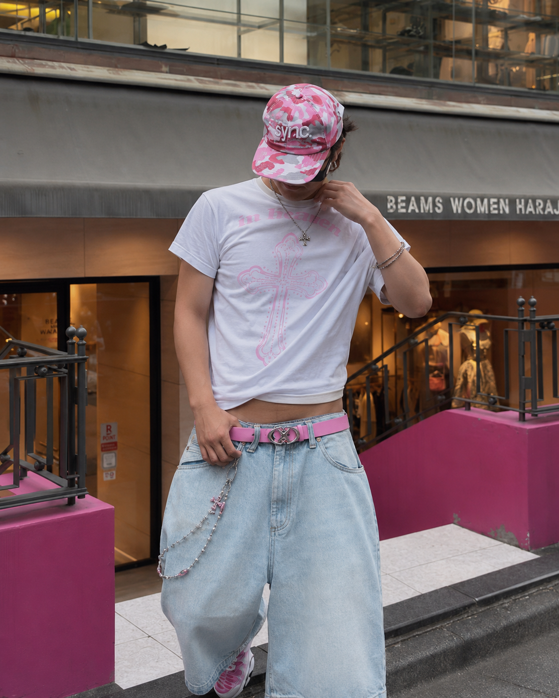 Pink Y2K belt worn streetwear front view