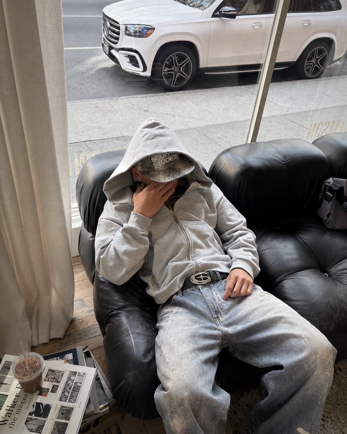 Black Y2K S belt streetwear seated